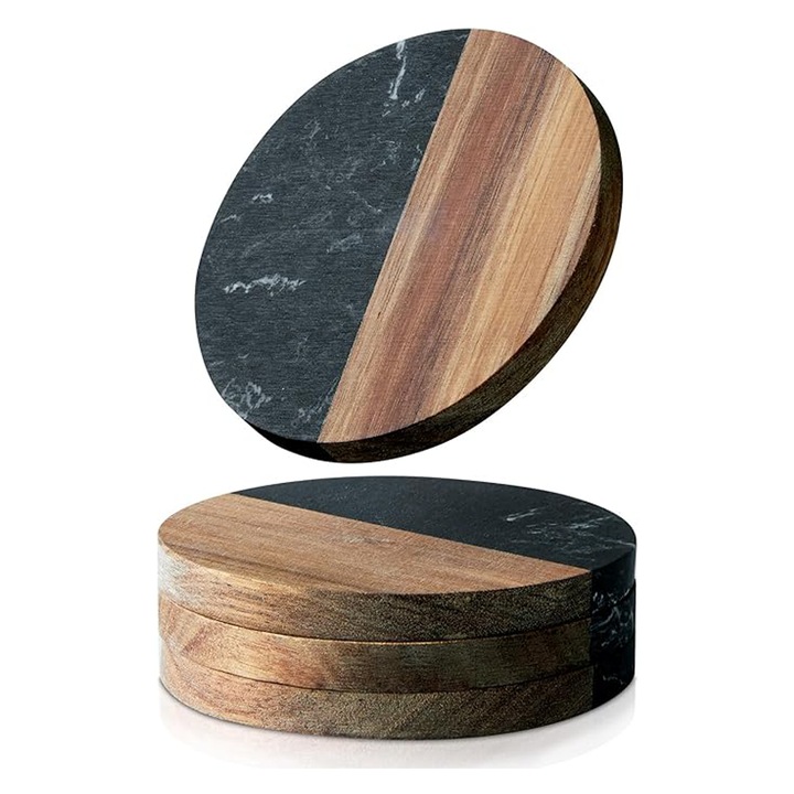 1x Suport de pahare rotund din marmura si lemn, negru, SanDonna, 10x10 cm - 1 buc