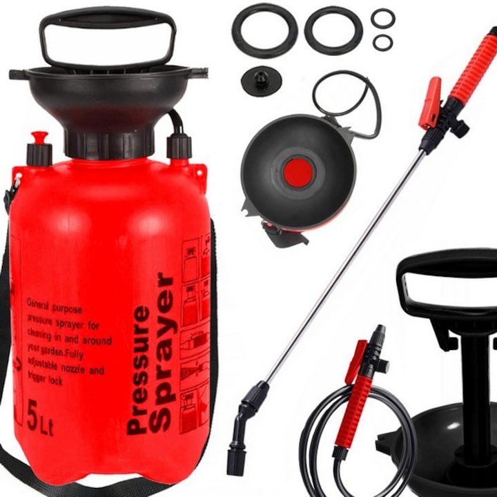 Pulverizator manual de inalta presiune, curea umar si duza reglabila, 5 litri, furtun flexibil 1, 2 m, lance 41 cm, negru-rosu