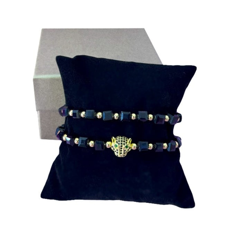 Set Lion pentru barbati, doua bratari cu pietre semipretioase hematit, detalii inox si cristale negre, ambalate elegant, Negru-Auriu, velve