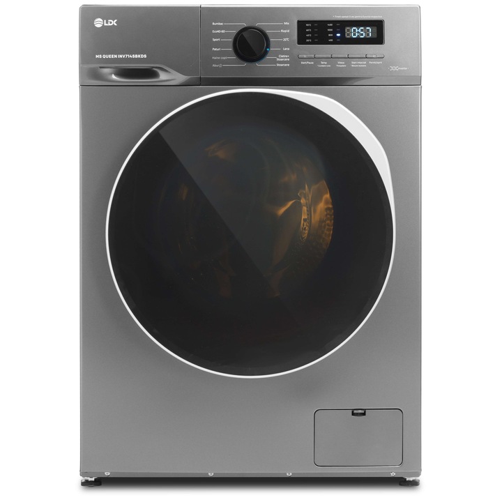 Masina de spalat rufe LDK Queen INV714SBKDS, 7 Kg, Clasa A, 1400 rpm, Steam, Amanare pornire, DrumClean, Motor Inverter, Argintiu