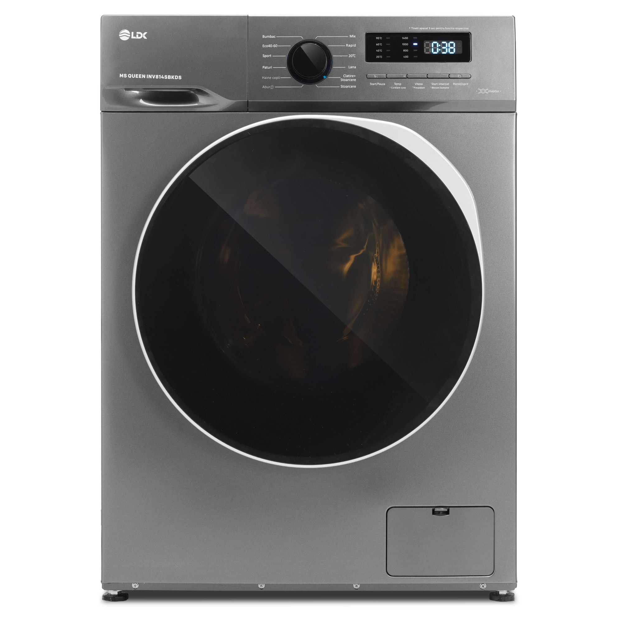Masina de spalat rufe LDK Queen INV814SBKDS, 8 Kg, Clasa A, 1400 rpm, Steam, Amanare pornire, DrumClean, Motor Inverter, Argintiu