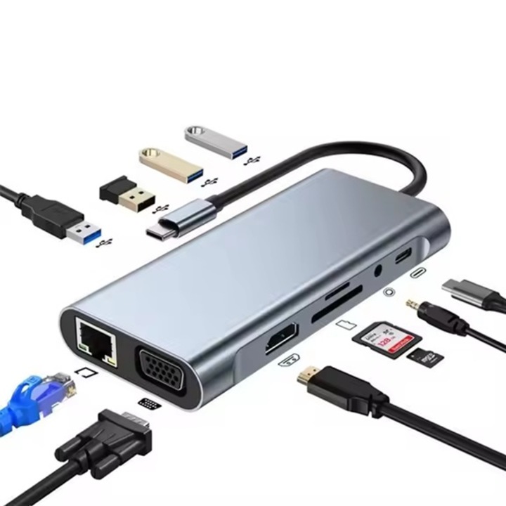 Докинг станция USBC ZYTEQ®️, 11 в 1, 1x 1000Mbps Gigabit Ethernet порт, 1x 4k HDMI, 1x VGA порт, 3x USB3.0, 1x USB-C порт за данни, 1x PD TypeC порт, 1x слот за SD карта, 1x TF карта, 1x 3,5 mm аудио/микрофон, сив