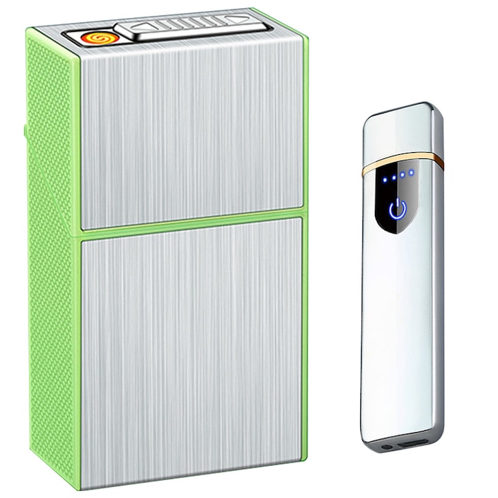 Bricheta electrica, tabachera electrica 20 tigarete, reincarcabile, cu cablu USB, antivant, incandescente, usoare, portabile, cutii cadou, Argintiu, OptimStar®