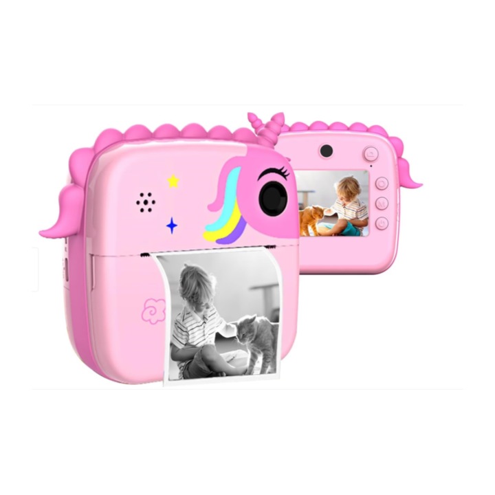Детска камера с функция за печат, ABY PRODUCTS A20 Unicorn, FULL HD, двойна предна-задна камера, функция за селфи, 48Mpx 1080P резолюция, 2.4" цветен LCD дисплей, игри, висящ шнур, розов