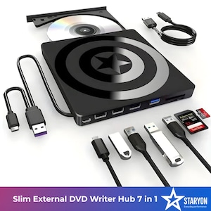 DVD Writer Extern Portabil Slim Model Star, USB 3.0, CD, DVD +/-, RW, Multifunctional, 3x USB-A 2.0, 1x USB-C 3.0, Cititor De Carduri TF SD, Reader DVD Player Staryon® Compatibil Laptop/Desktop/Macbook/iMac, Windows 11/10/8/7/XP, Linux OS, Mac OS, Negru