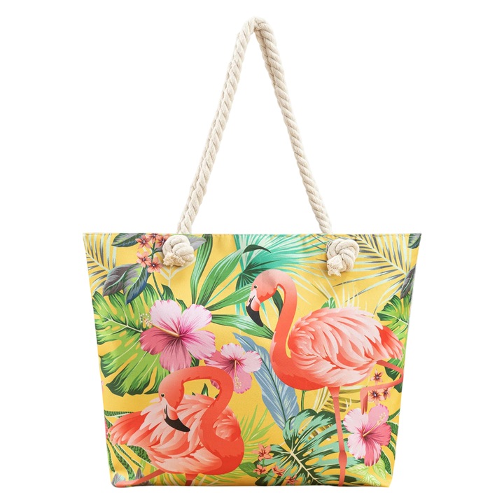Strandtáska, Kötélfogantyú, Trópusi dizájn, 40 x 30 cm, Sokszínű sárga