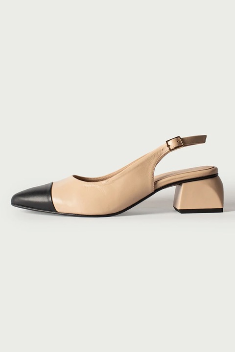 ALURA, Pantofi din piele cu varf ascutit si toc kitten, Negru, Bej, 36
