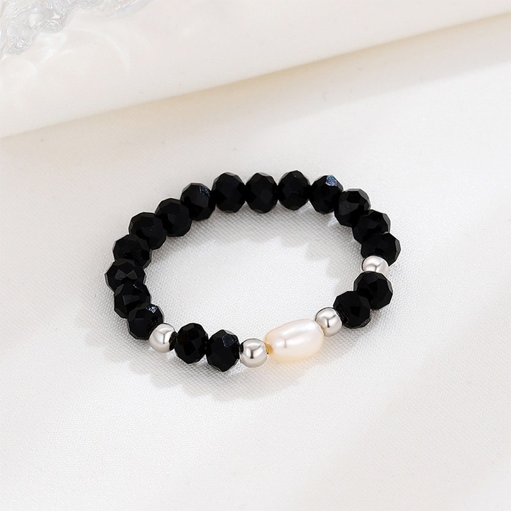Inel Reglabil Black Onix cu Bilute din Argint 925 de 2, 5 mm si Perla de Cultura, Design Finit si Elegant, Cutie Bijuterii Inclusa, A125