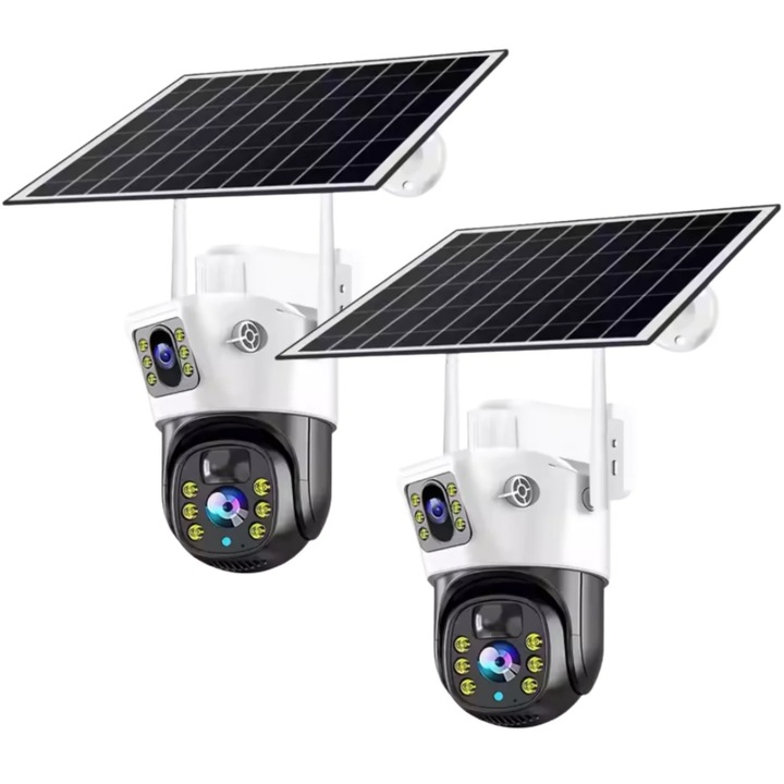 Set 2x Camera de Supraveghere Duala 4G, Panou Solar 7, 5W, Rezolutie Ultra HD 6MP 4K, Detectie Umana, Vedere Panoramica si Nocturna