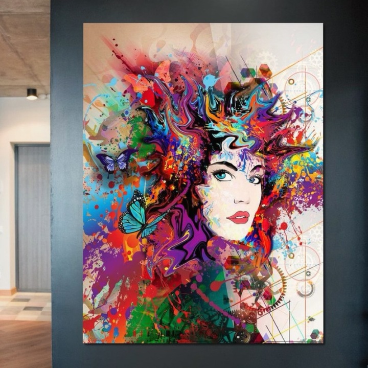 Премиум картина върху платно, LuxCanva® G1081, Енергията на творчеството, 100 X 135 CM, 100% памучно платно 400g/m2, дървена рамка, Експлозия, Цвят, Хаос, Жена, Поглед, Артистичен, Изложба, Хол, Спалня