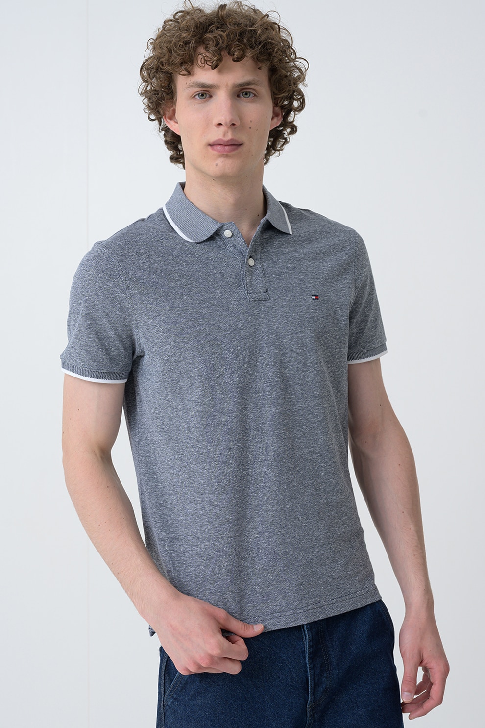 Tommy Hilfiger, Tricou polo din amestec de in, Alb, Bleumarin, S