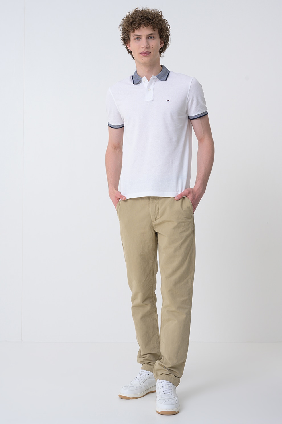 Tommy Hilfiger, Tricou polo din amestec de in, Alb optic, Bleumarin, 2XL