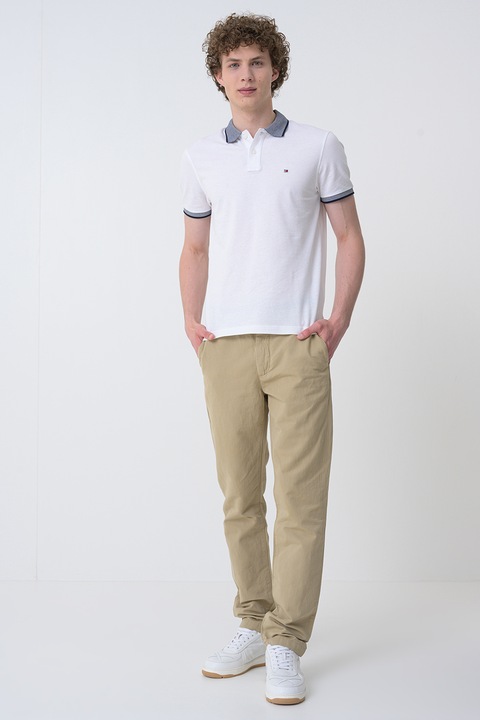 Tommy Hilfiger, Тениска с лен с яка, Бял/Тъмносин