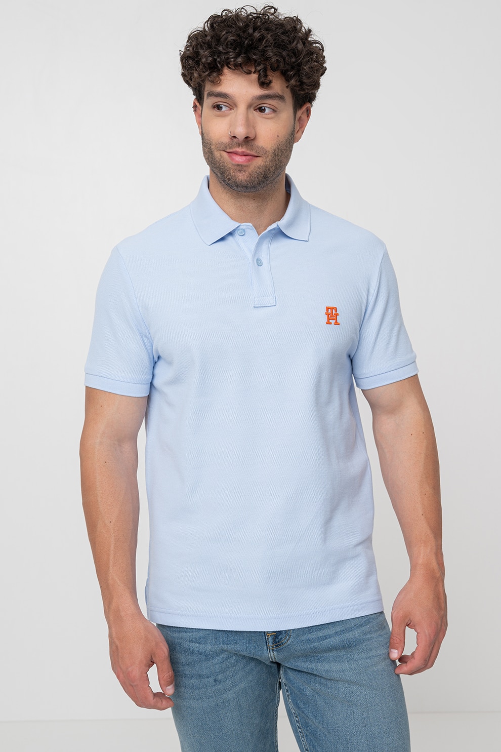 Tommy Hilfiger, Tricou polo din bumbac organic, Albastru deschis, L