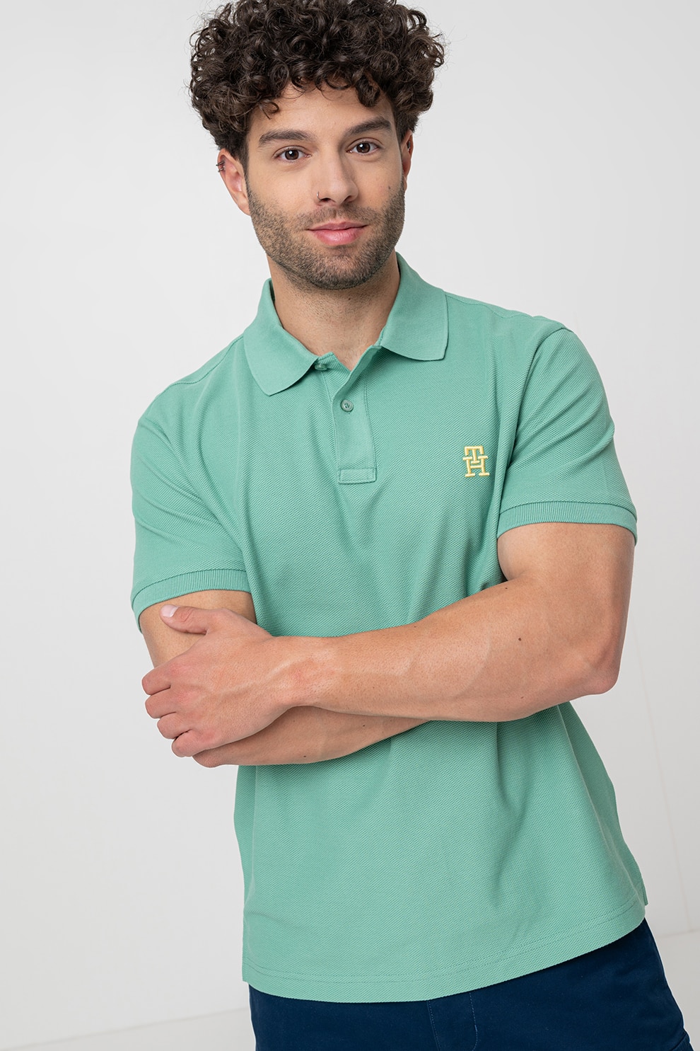 Tommy Hilfiger, Tricou polo din bumbac organic, Verde deschis, S