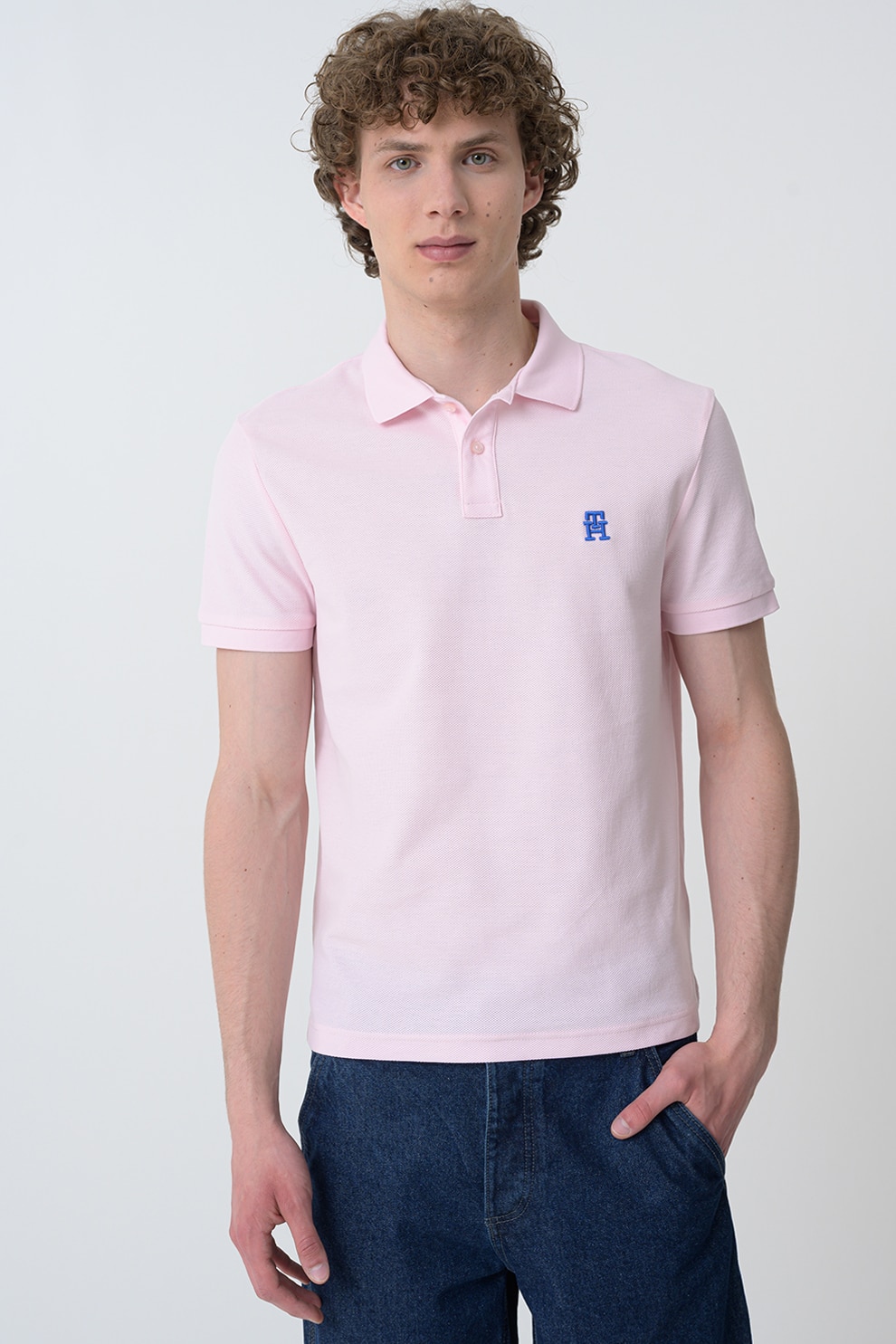 Tommy Hilfiger, Tricou polo din bumbac organic, Roz pastel, M