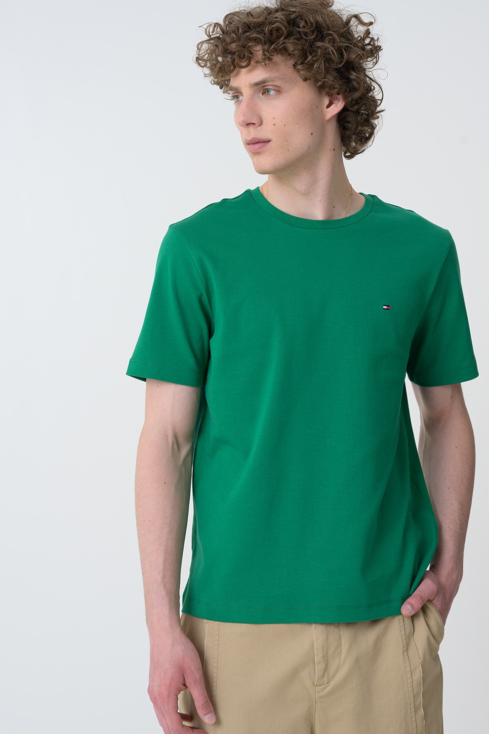 Tommy Hilfiger, Tricou de bumbac organic cu logo discret, Verde marin, L