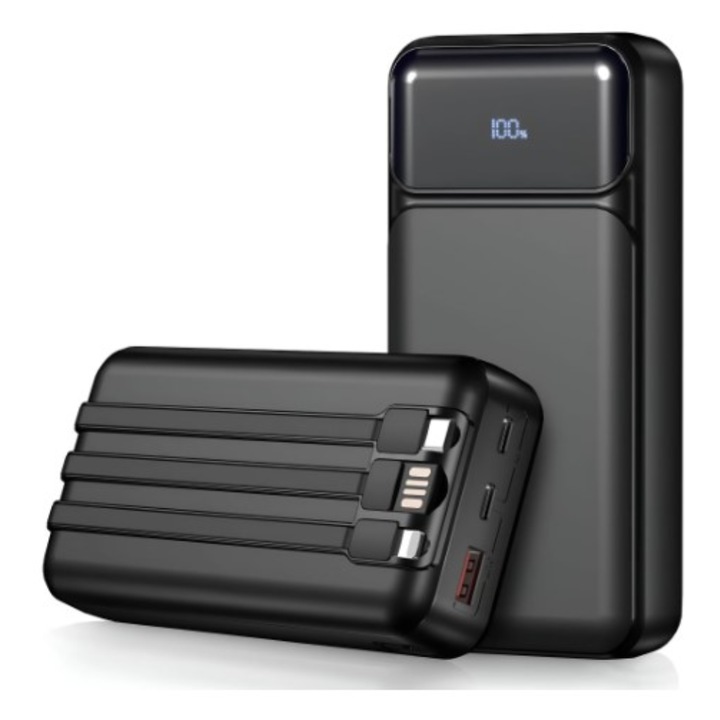 BeSmart külső akkumulátor, 20 000 mAh, 22,5 W, 3 integrált kábel (USB-C, USB-A, Lightning), 3 port, LED képernyő, kétirányú töltés, fekete