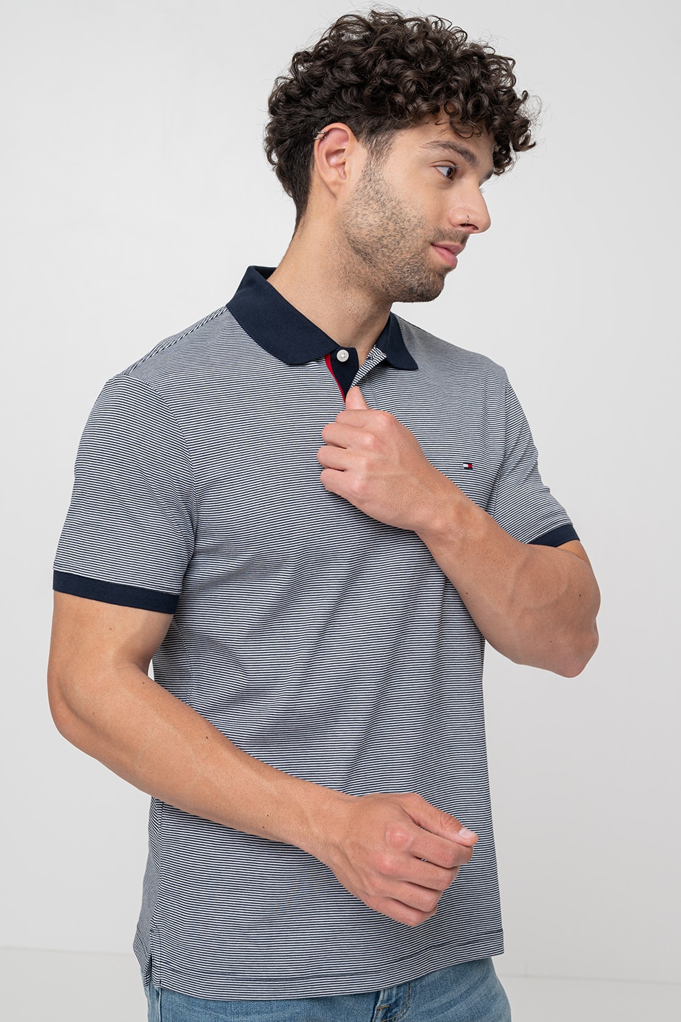 Tommy Hilfiger, Tricou polo de bumbac cu dungi, Alb, Bleumarin, S