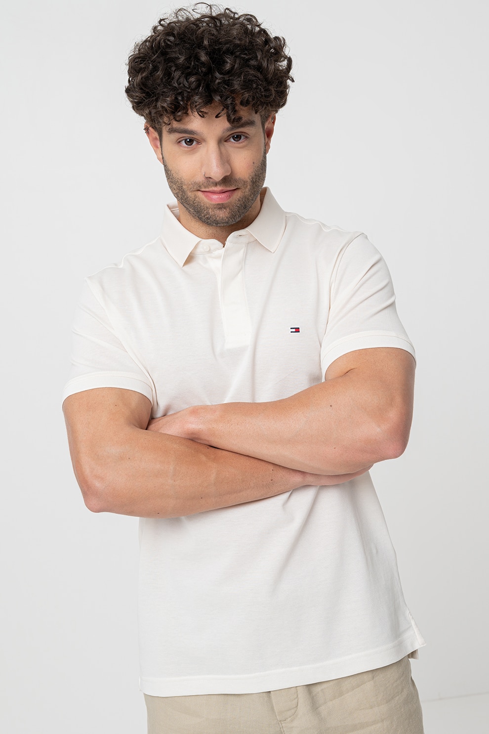 Tommy Hilfiger, Tricou polo de bumbac pique, Alb fildes, S