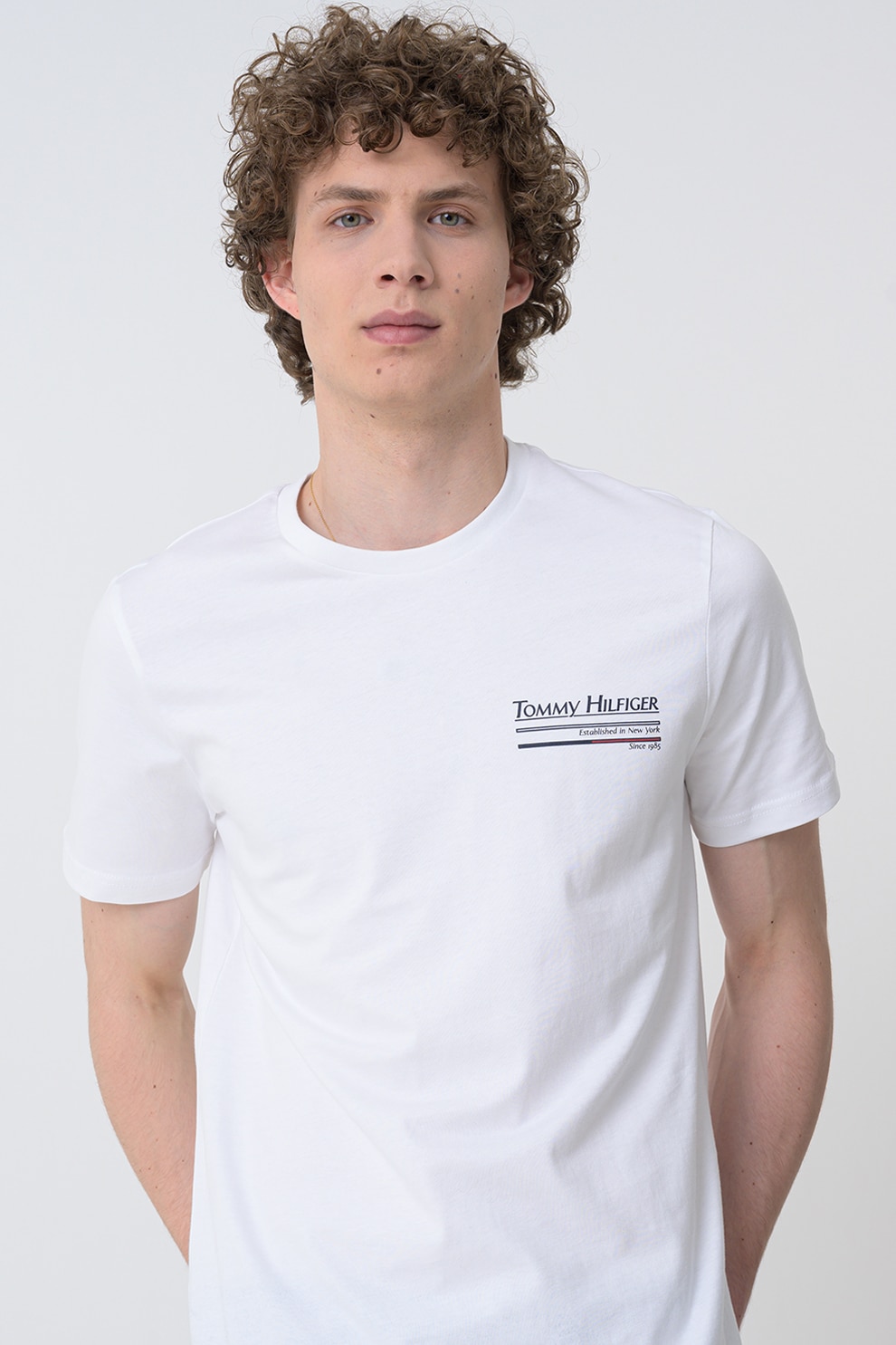 Tommy Hilfiger, Tricou cu logo si decolteu la baza gatului, Alb optic, S