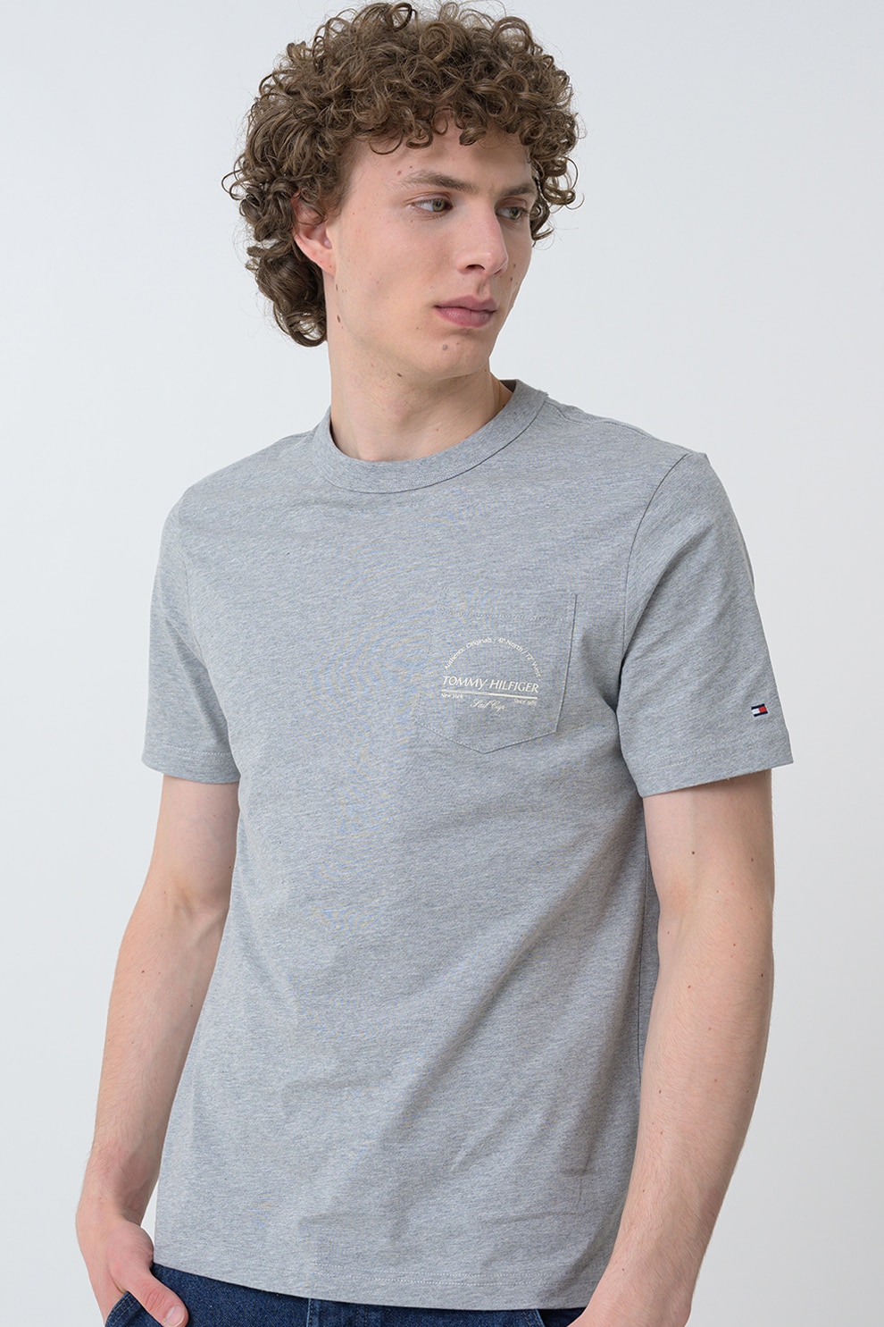 Tommy Hilfiger, Tricou cu decolteu la baza gatului si buzunar pe piept, Gri melange, L
