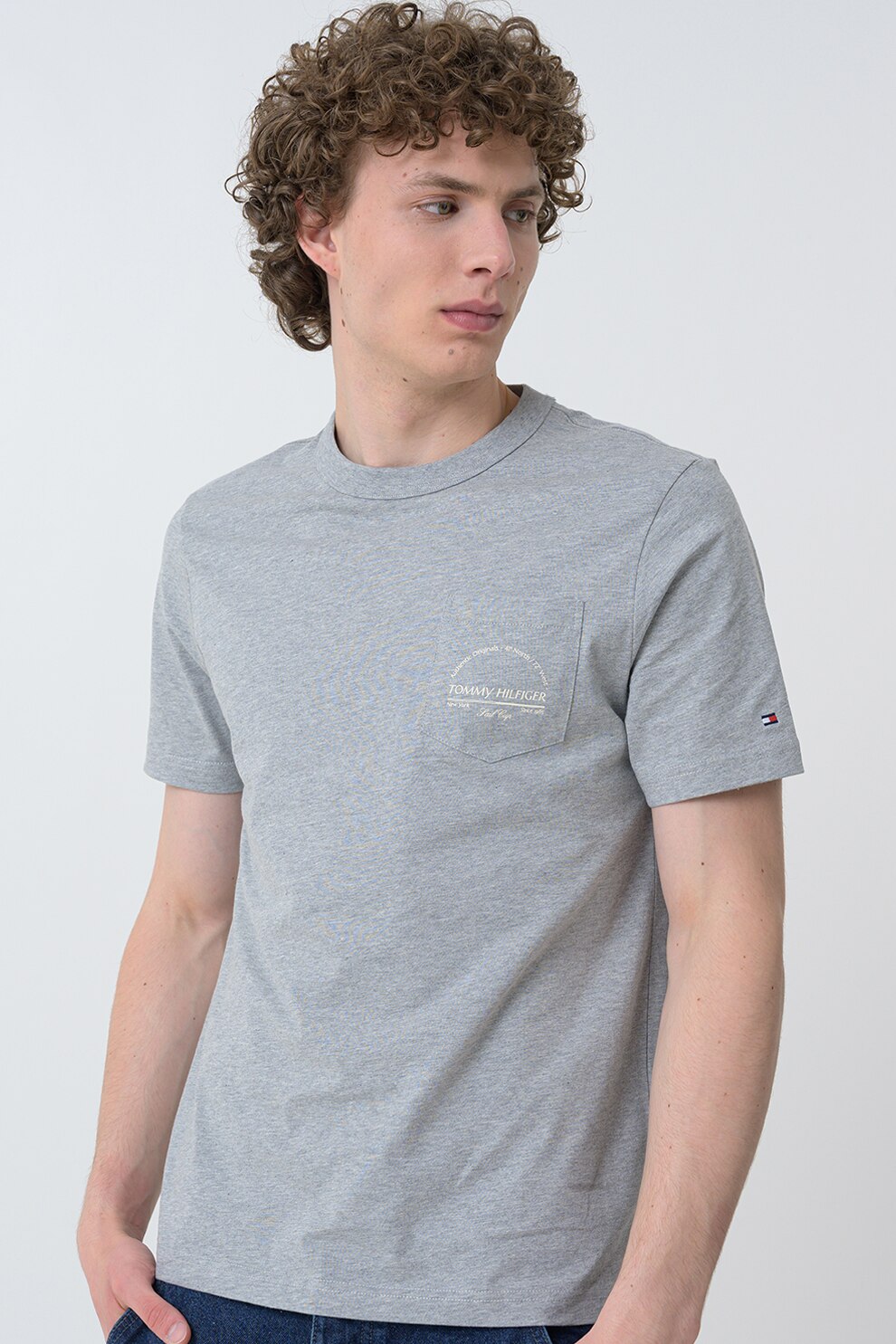 Tommy Hilfiger, Tricou cu decolteu la baza gatului si buzunar pe piept, Gri melange, XL