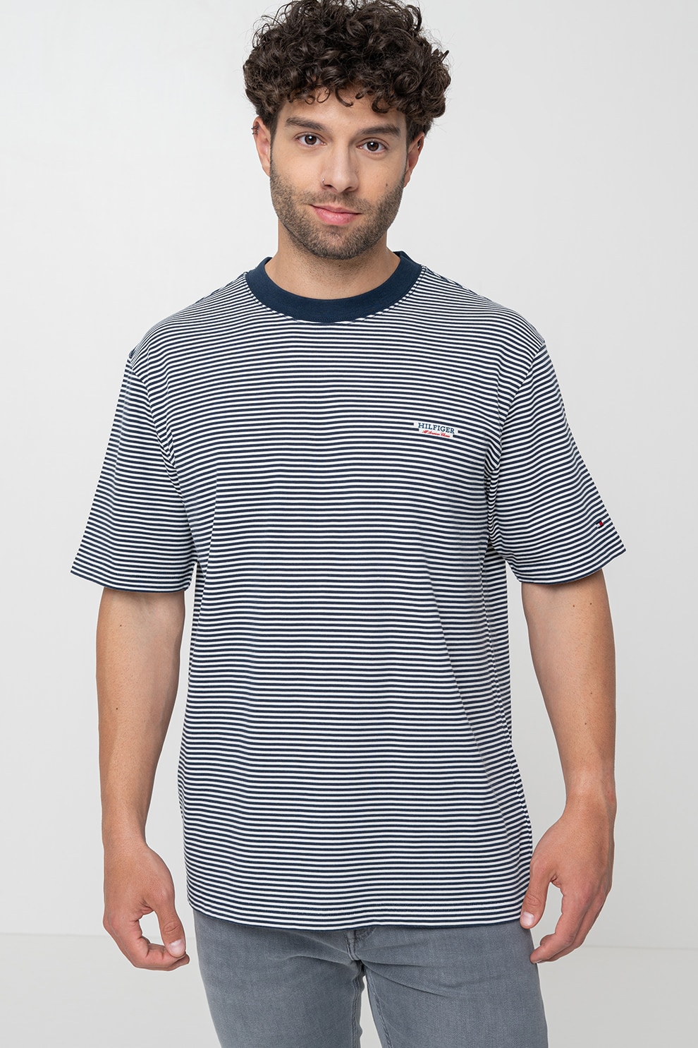 Tommy Hilfiger, Tricou cu decolteu la baza gatului si dungi, Alb, Bleumarin, M