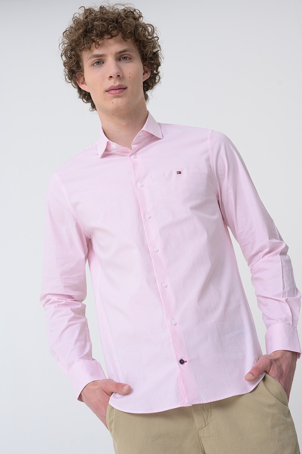 Tommy Hilfiger, Camasa de bumbac cu logo, Alb, Roz pastel, 39