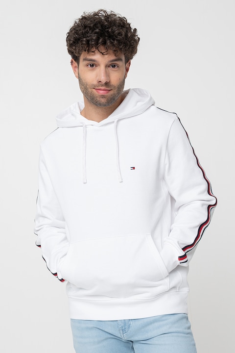 Tommy Hilfiger, Hanorac cu logo si buzunar kangaroo, Rosu/Albastru ultramarin/Alb optic