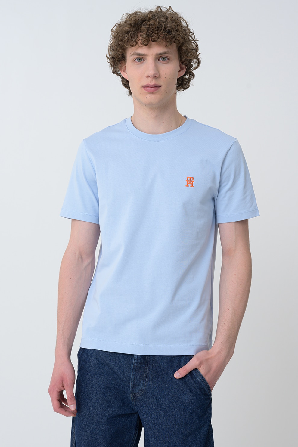Tommy Hilfiger, Tricou de bumbac cu decolteu la baza gatului, Albastru pastel, S
