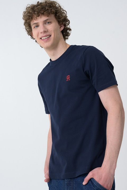 Tommy Hilfiger, Tricou de bumbac cu decolteu la baza gatului, Bleumarin