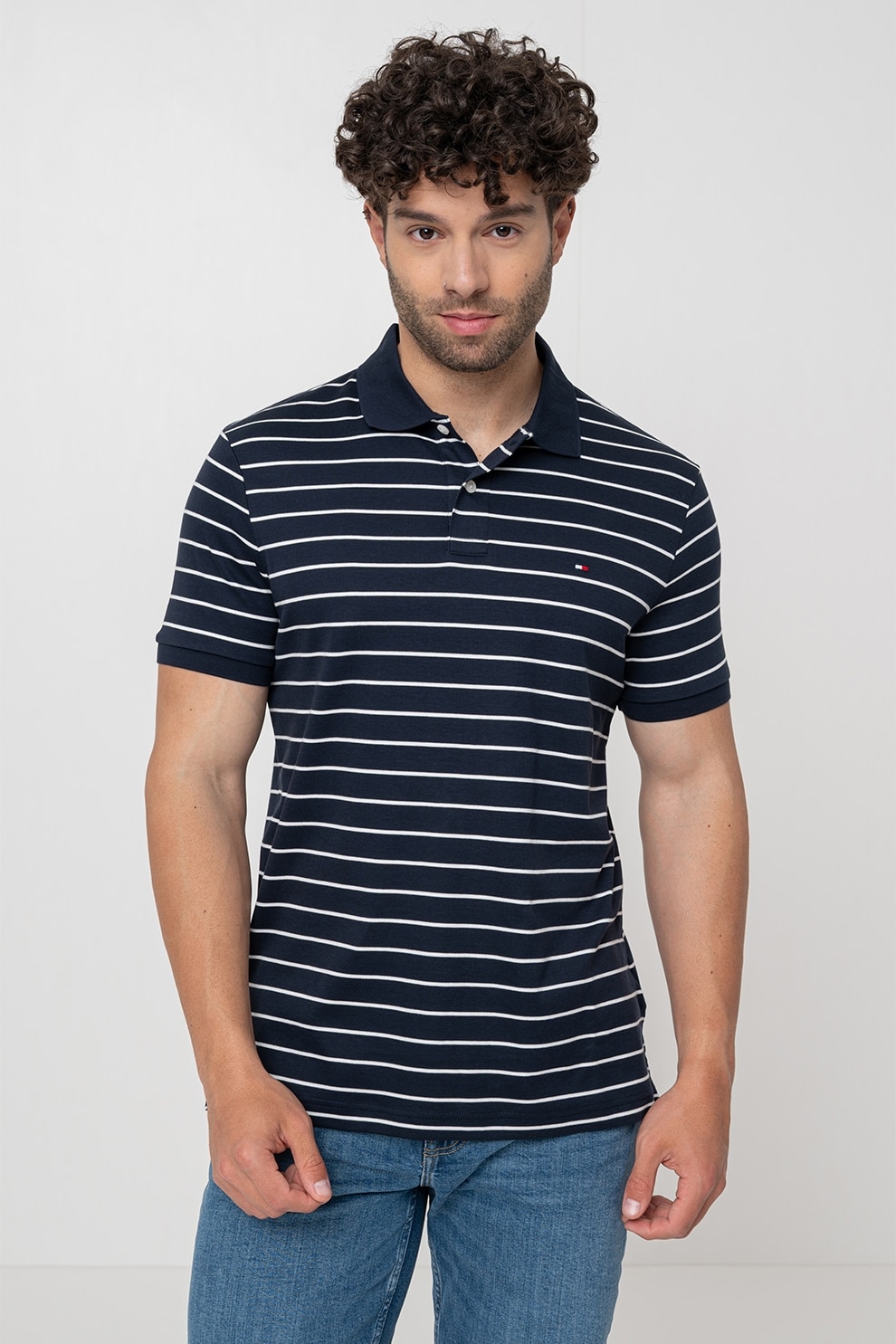 Tommy Hilfiger, Tricou polo de bumbac, Alb, Bleumarin, S