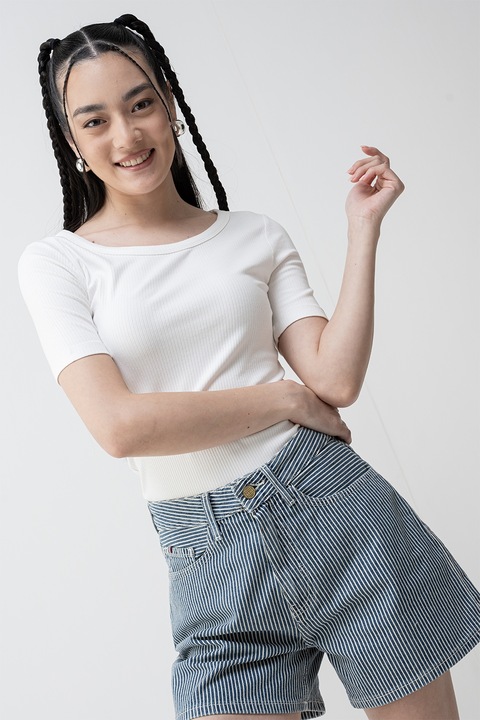 Tommy Hilfiger, Tricou slim fit striat, Alb optic