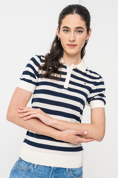 Tommy Hilfiger, Pulover polo din amestec de lyocell cu maneci scurte, Alb fildes/Bleumarin, S