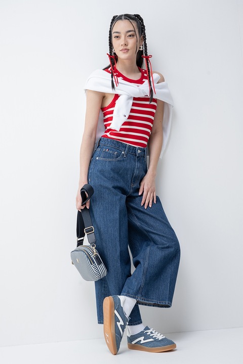 Tommy Hilfiger, Рипсен топ по тялото, Червен/Бял