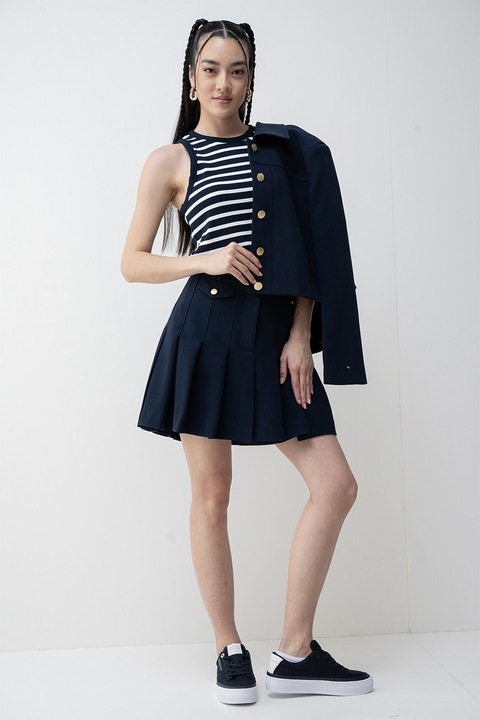 Tommy Hilfiger, Рипсен топ по тялото, Бял/Мръснобял/Тъмносин