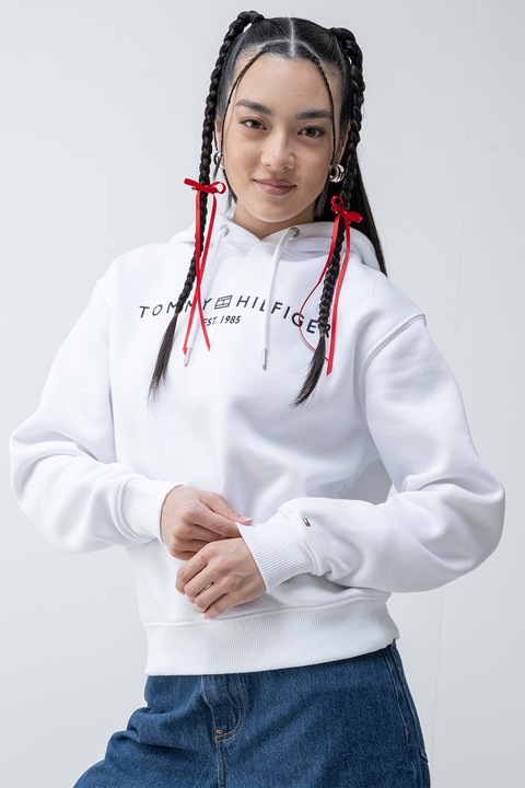 Tommy Hilfiger, Hanorac lejer cu snur de ajustare si broderie logo, Albastru ultramarin/Alb optic