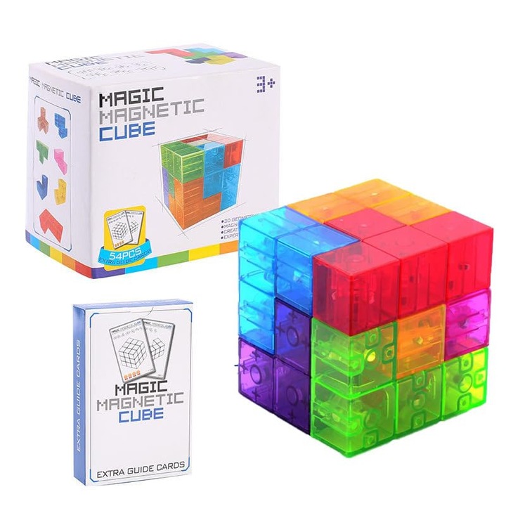 Set Jucarii Magnetice Translucente LYCENXI, 27 Cuburi Magnetice, 54 Carduri Ghid, Multicolor, 3-8 Ani