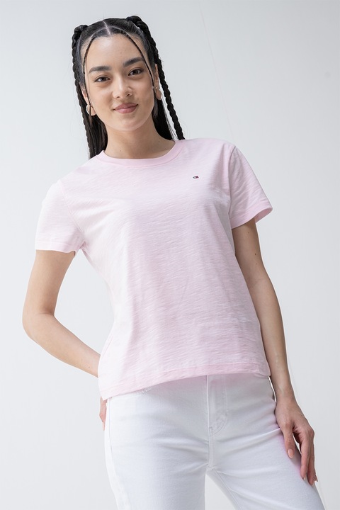 Tommy Hilfiger, Tricou de bumbac organic cu decolteu la baza gatului, Roz pal