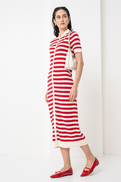 Tommy Hilfiger, Rochie cambrata cu model in dungi, Alb fildes/Rosu vermillion