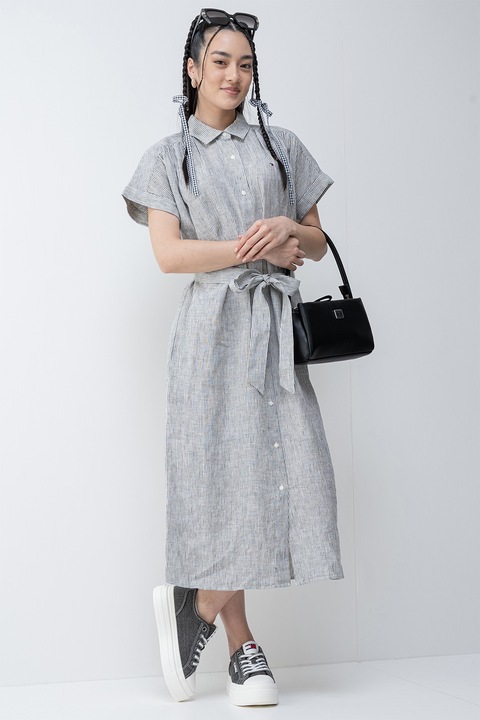 Tommy Hilfiger, Rövid ujjú lenvászon ingruha, Fehér/Sötétkék