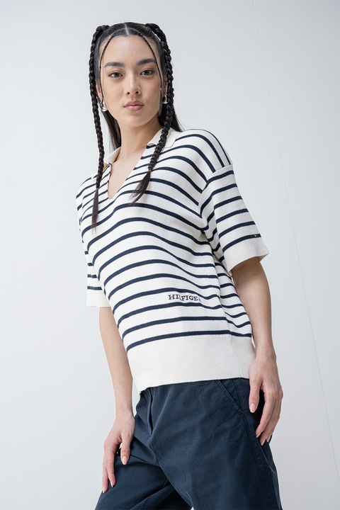 Tommy Hilfiger, Rövid ujjú organikuspamut pulóver, Fehér/Sötétkék