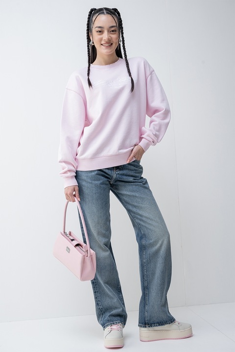 Tommy Hilfiger, Bluza de trening cu maneci cazute, Alb/Roz pastel