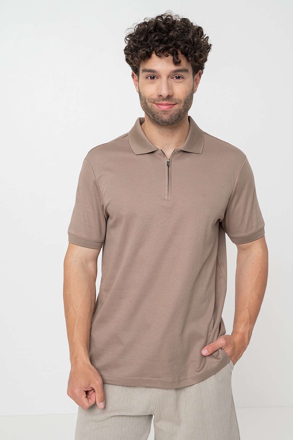 CALVIN KLEIN, Tricou polo de bumbac organic cu fermoar scurt, Maro taupe, M