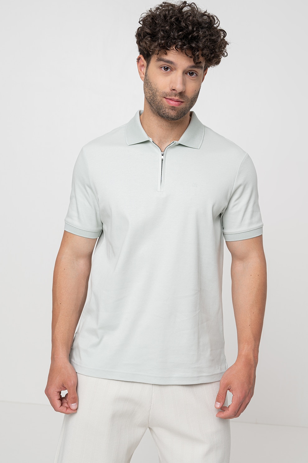 CALVIN KLEIN, Tricou polo de bumbac organic cu fermoar scurt, Verde pal, 2XL