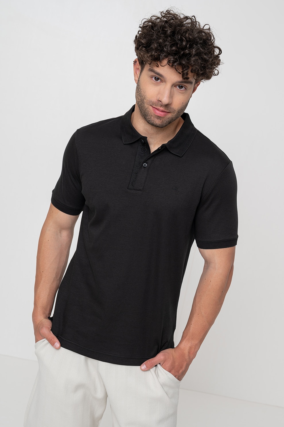 CALVIN KLEIN, Tricou polo de bumbac organic, Negru, M
