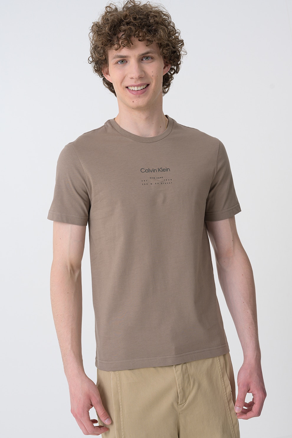 CALVIN KLEIN, Tricou cu decolteu la baza gatului si imprimeu logo, Maro fango, L