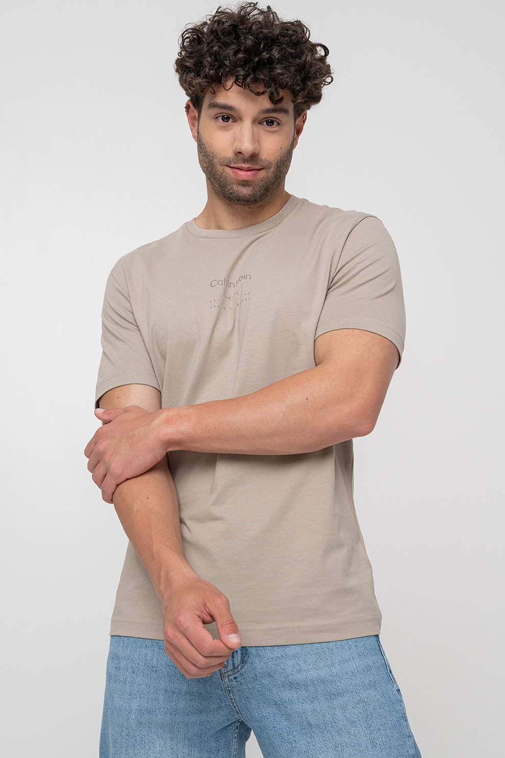 CALVIN KLEIN, Tricou cu decolteu la baza gatului si imprimeu logo, Bej inchis, 2XL