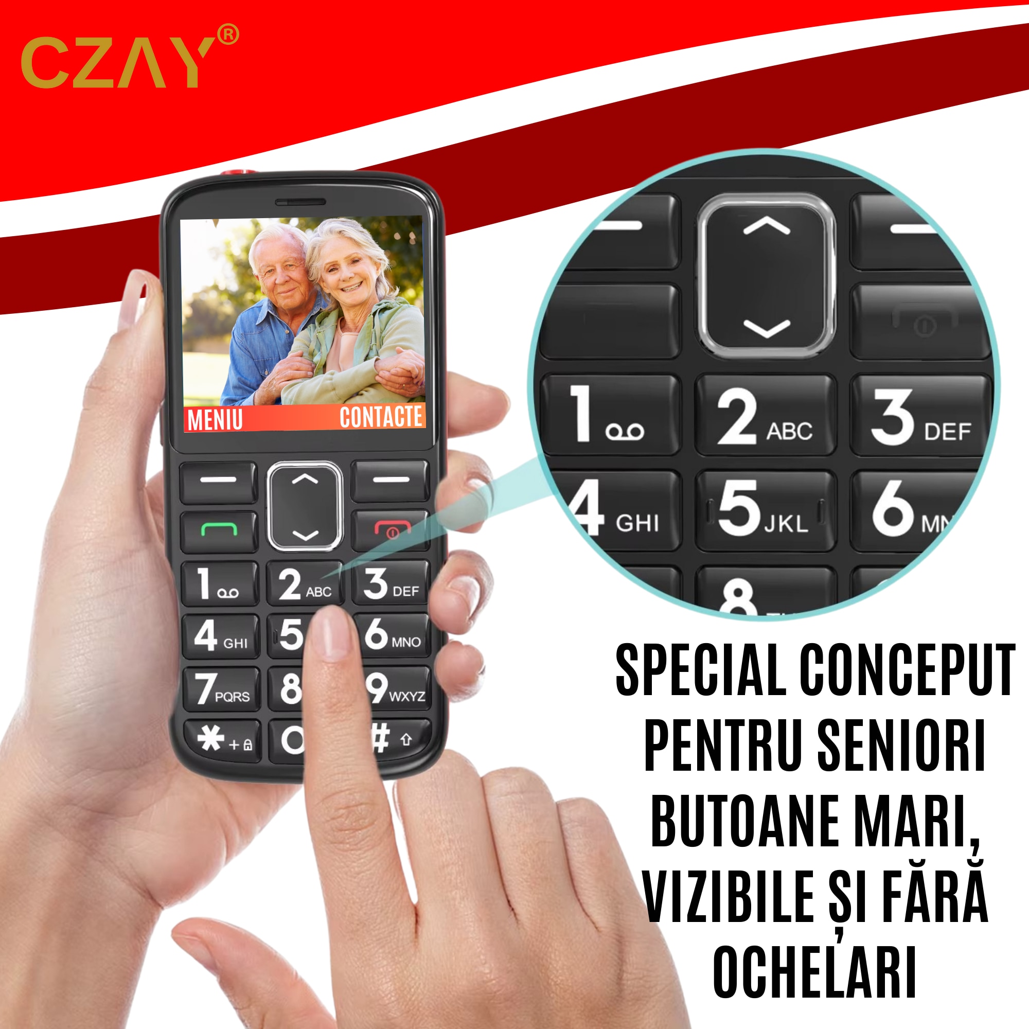 Telefon Mobil Seniori cu Taste Mari CZAY®, Meniu in Limba Romana, Ecran LCD Generos, Color, Camera Foto, Autonomie 7 Zile, Volum Puternic Reglabil, Buton SOS, 2G, Dual Sim, Usor de Folosit pentru Varstnici, Pensionari si Bunici, Lanterna, Radio, Rezistent